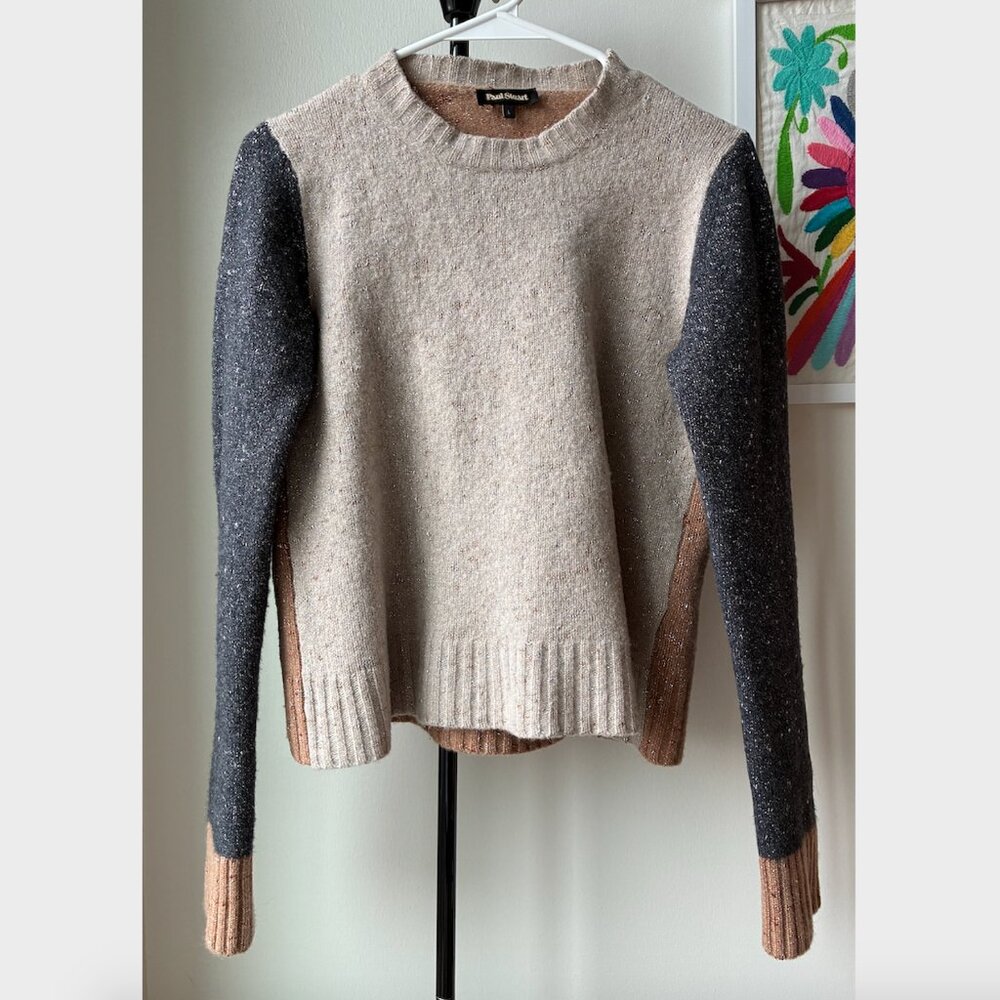 Paul Stuart Cream, Brown, and Gray Metallic Wool Sweater - Size L